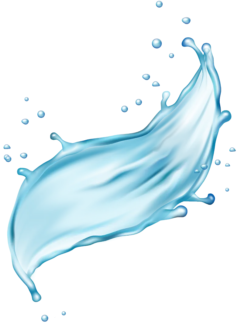 Curved splash of clear blue water with scattered droplets.