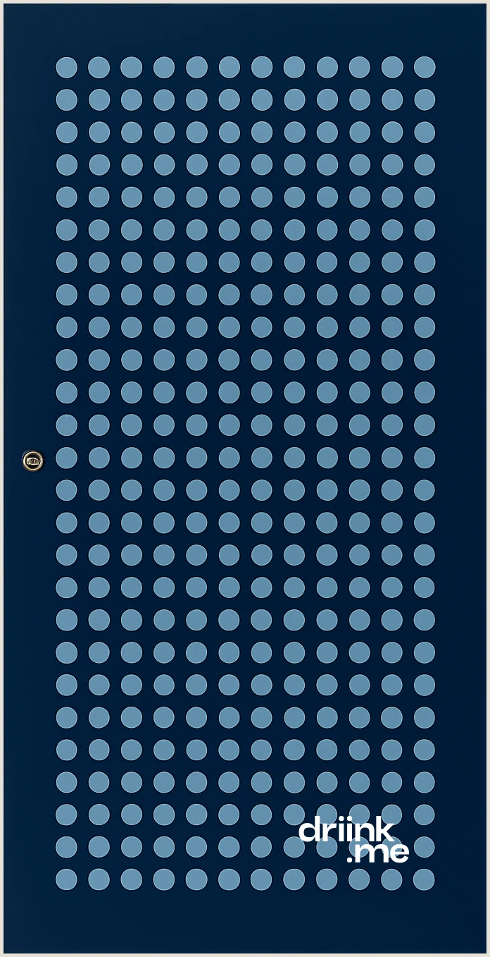 Dark blue rectangular water filtration unit with a grid of evenly spaced light blue dots and a small silver lock on its facade, with the text 'driink.me' in white at the bottom right.