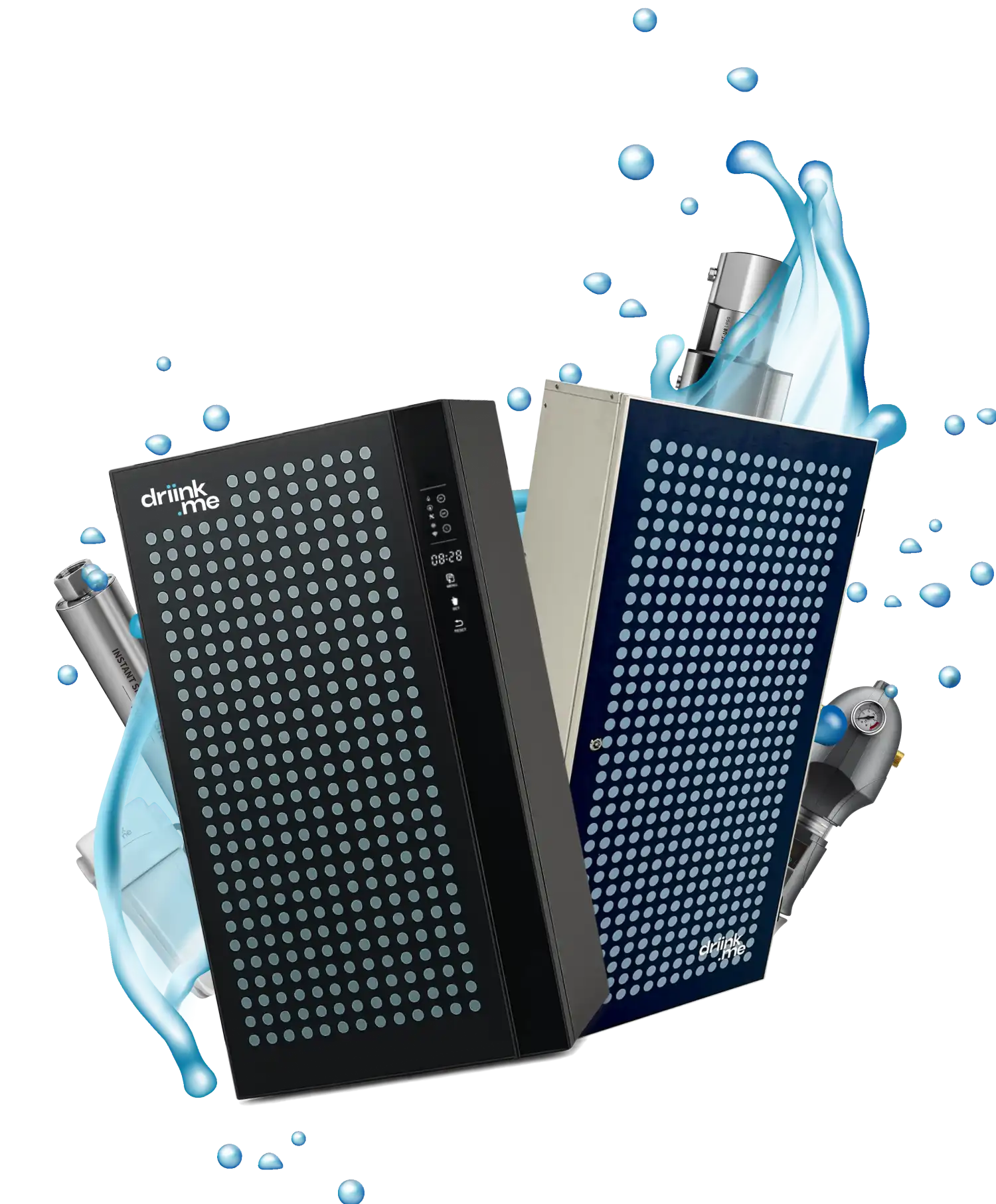 Two modern water purification devices with dotted front panels surrounded by splashes and droplets of water.