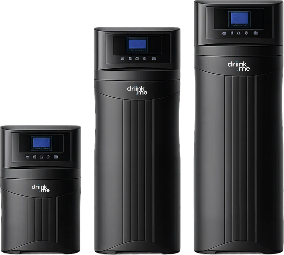 Three black Driink.me water softener units of different sizes with digital display panels.