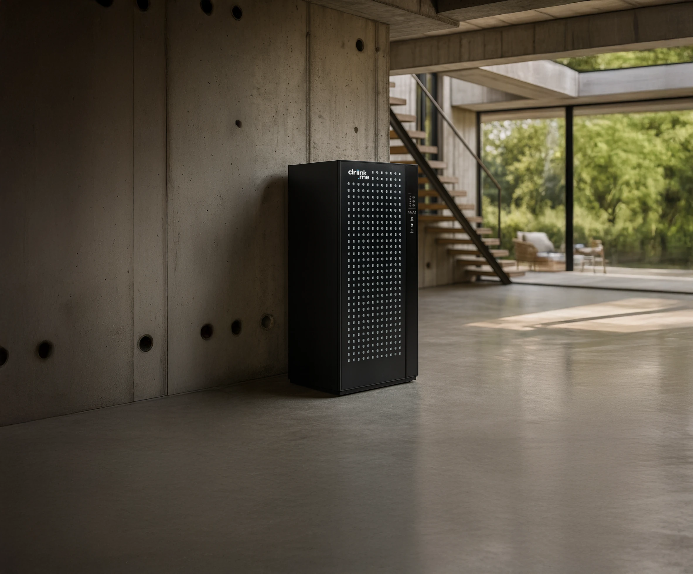 Black futuristic Drink.me beverage unit in a minimalist brutalist home with concrete walls and large glass windows.