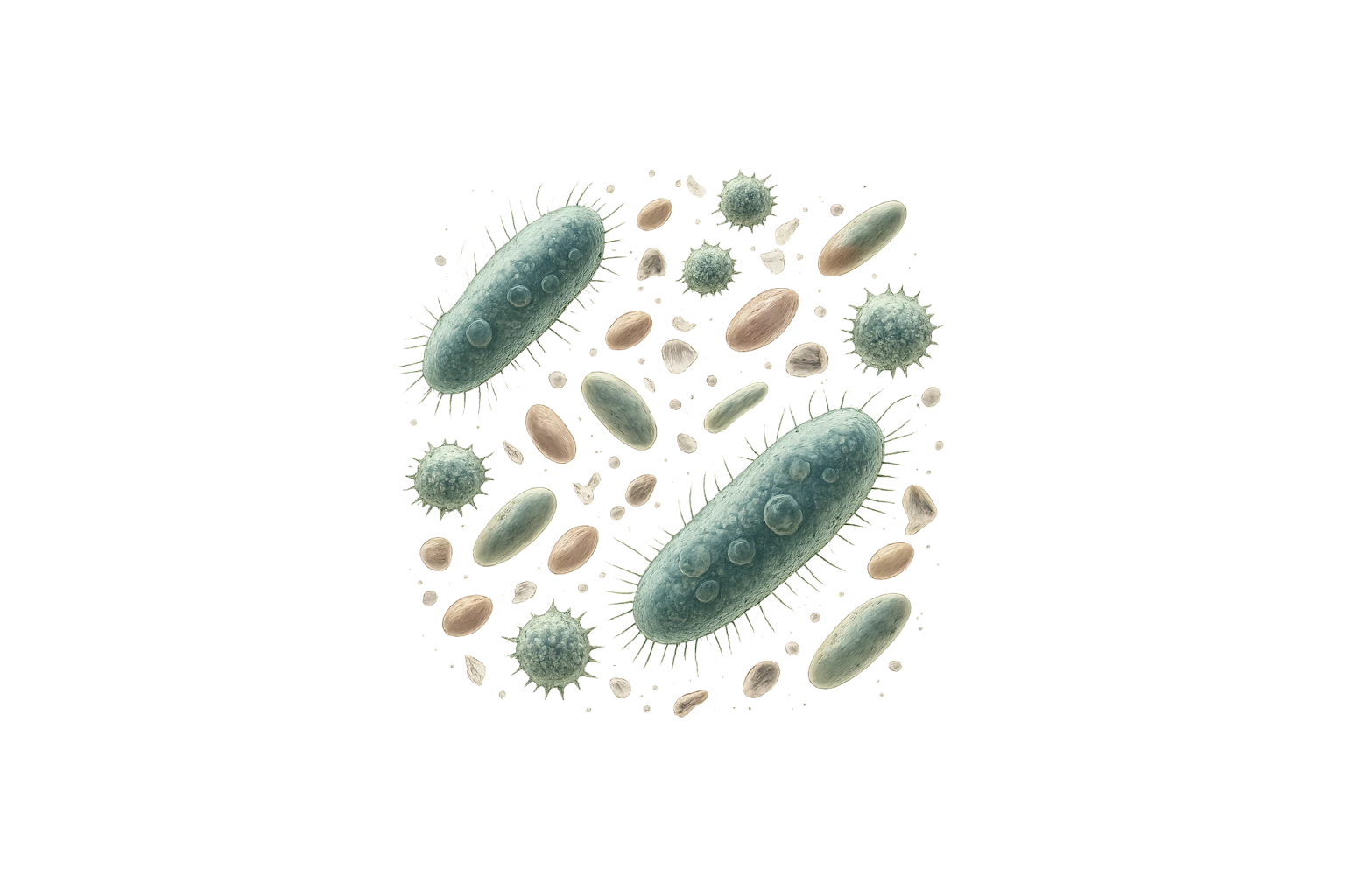 Various types of microorganisms including rod-shaped bacteria and spherical virus particles.