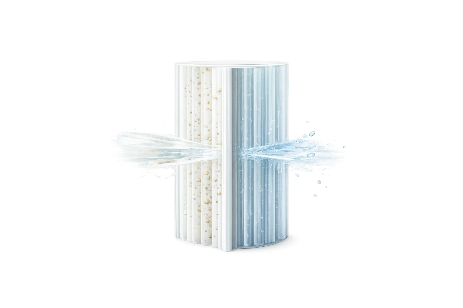 Cylindrical filter membrane with water flowing through, illustrating filtration of impurities.