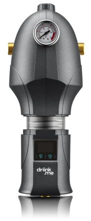 Black and gray mechanical device with a pressure gauge on top and driink.me branding below.