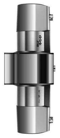 Metallic cylindrical valve marked with 'drink.me' and technical specifications, shown vertically.