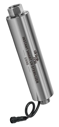 Silver cylindrical instant smart sterilizer device with a cable attached.