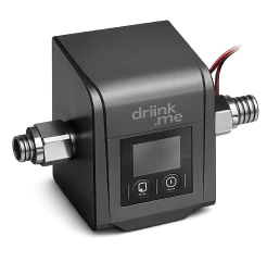 Black electronic device with two metal hose connectors and a digital control panel labeled 'driink me'.