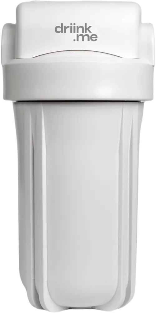 White driink.me branded water filter cartridge with grooved sides and a rounded top.