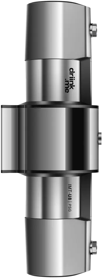 Vertical metallic cylindrical device with knobs, labeled 'drink me' and 'IMT-U8 PSG'.