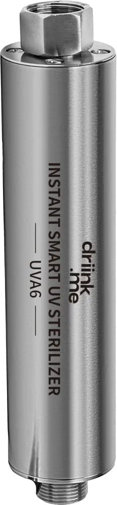 Stainless steel cylindrical instant smart UV sterilizer labeled UVA6 with threaded connectors on both ends.