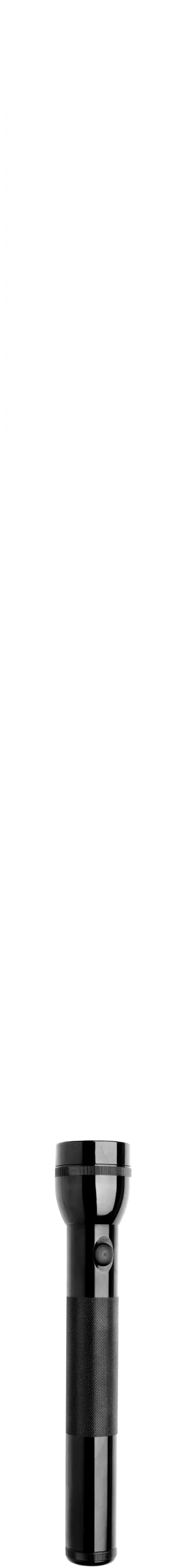 Black handheld flashlight with textured grip and a circular power button.