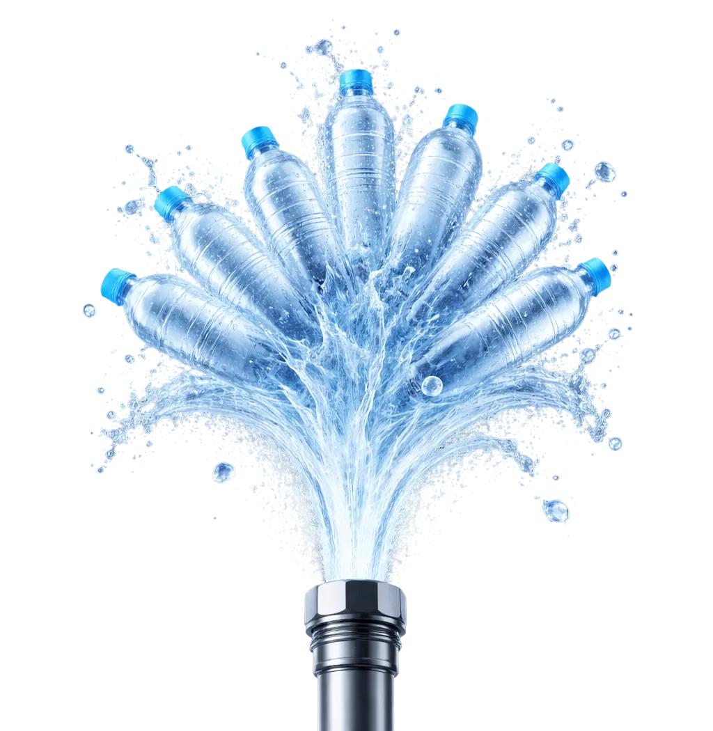 Water fountain nozzle spraying water shaped like eight plastic water bottles with blue caps.