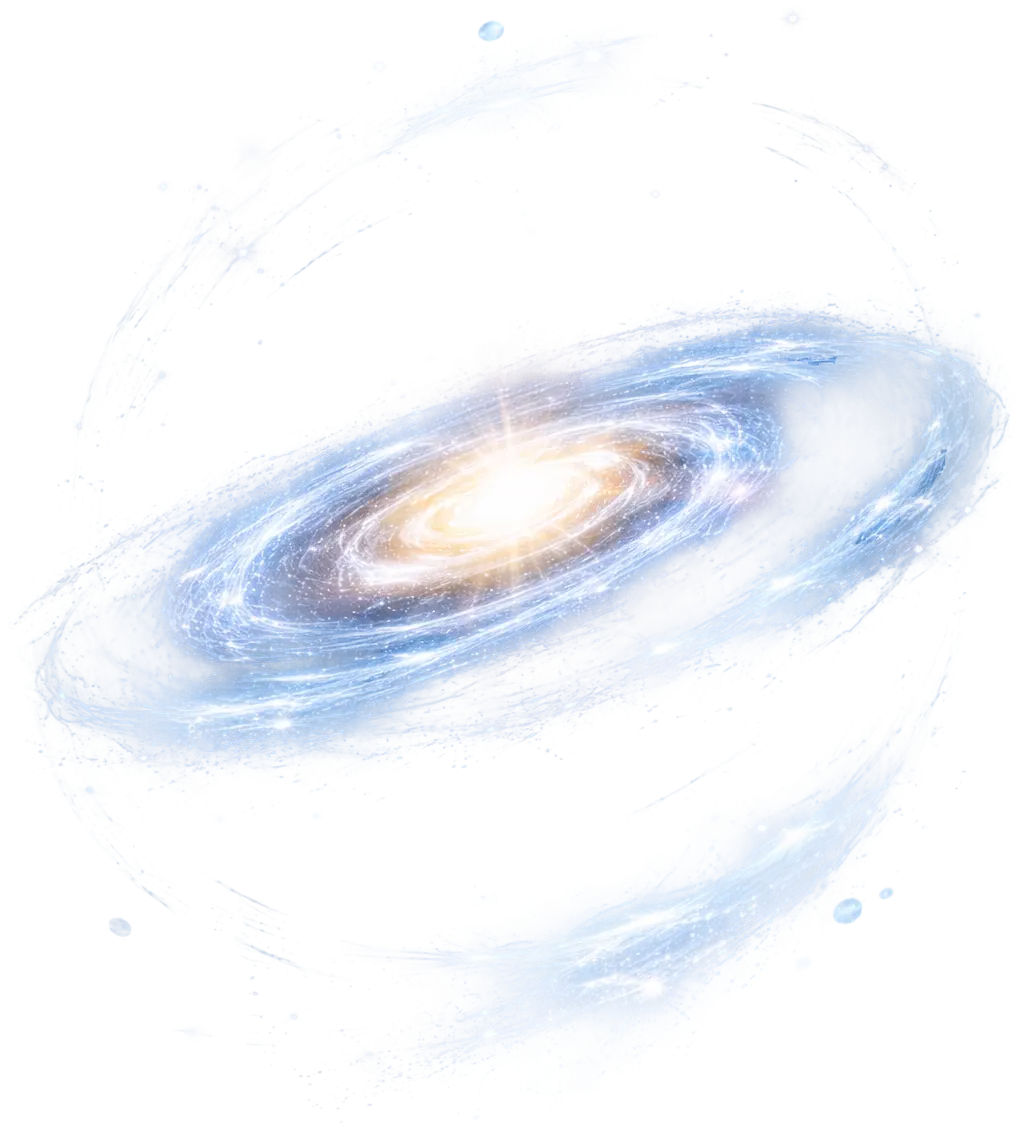 Illustration of a spiral galaxy with a bright glowing center and swirling blue star arms.