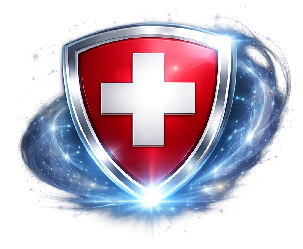Shiny shield with a white Swiss cross on a red background surrounded by swirling blue light effects.