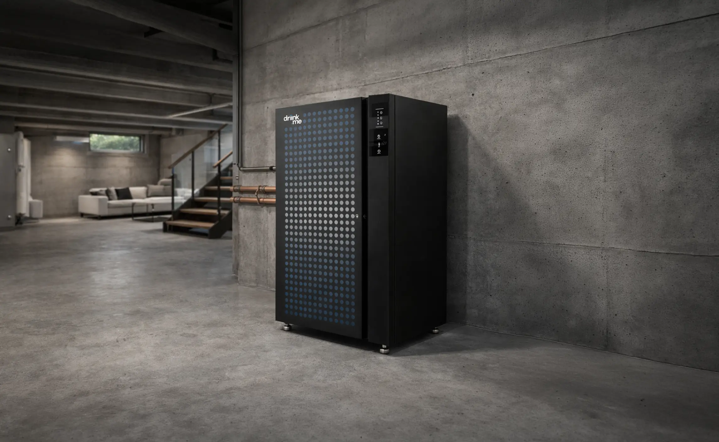 Flow 2 ultra-filtration water system with blue dot pattern in a concrete basement room.