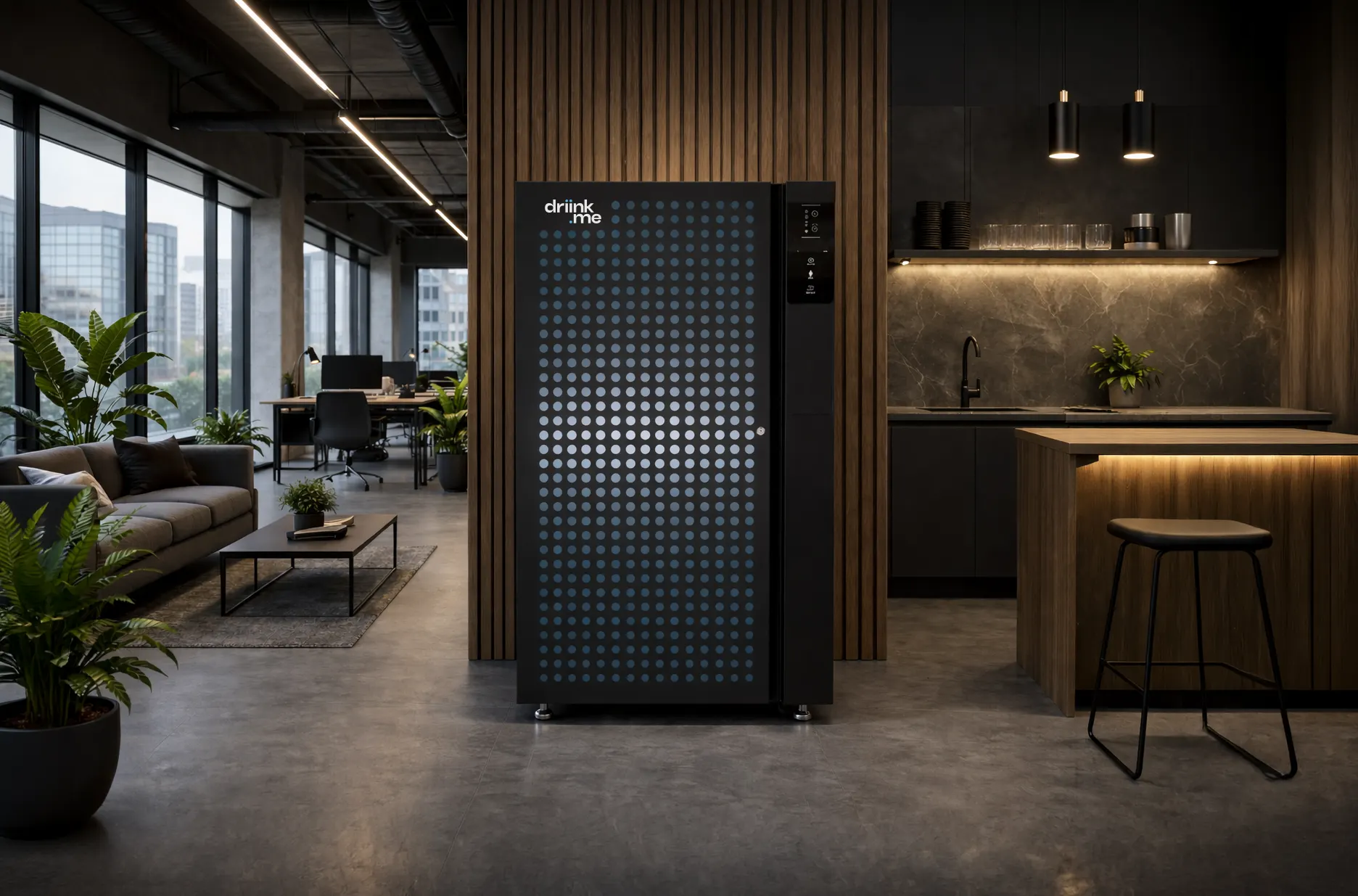 Modern office lounge with a Flow 2 ultra-filtration water system against wood panel wall, next to a kitchenette and seating area with plants.