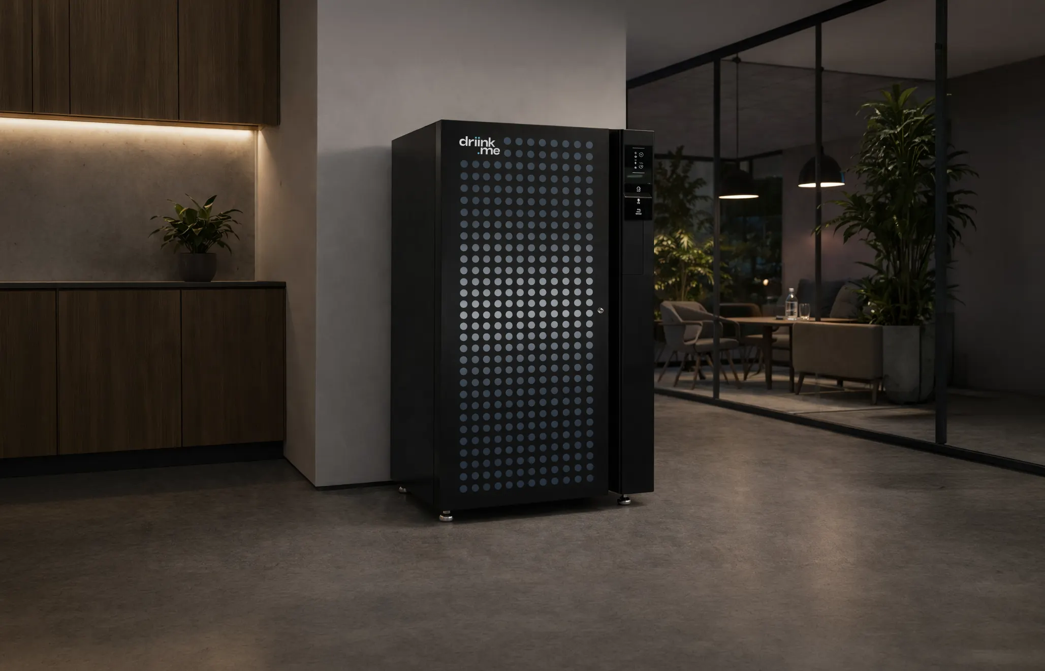 Black Flow 2 ultra-filtration water system with circular pattern in a modern office lounge area featuring wooden cabinets and glass partitions with seating and plants.