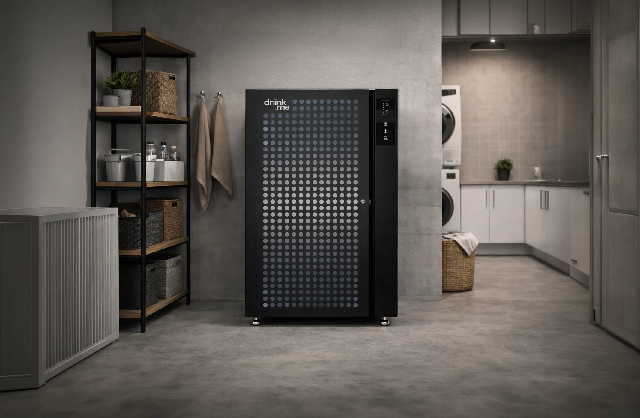 Modern black driink.me Flow 2 ultra-filtration water system with dotted pattern in a clean laundry room with shelves, towels, and stacked washer and dryer.