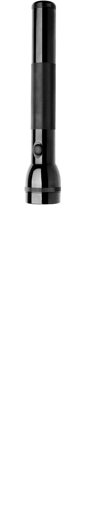 Black cylindrical flashlight turned on with white light beam.