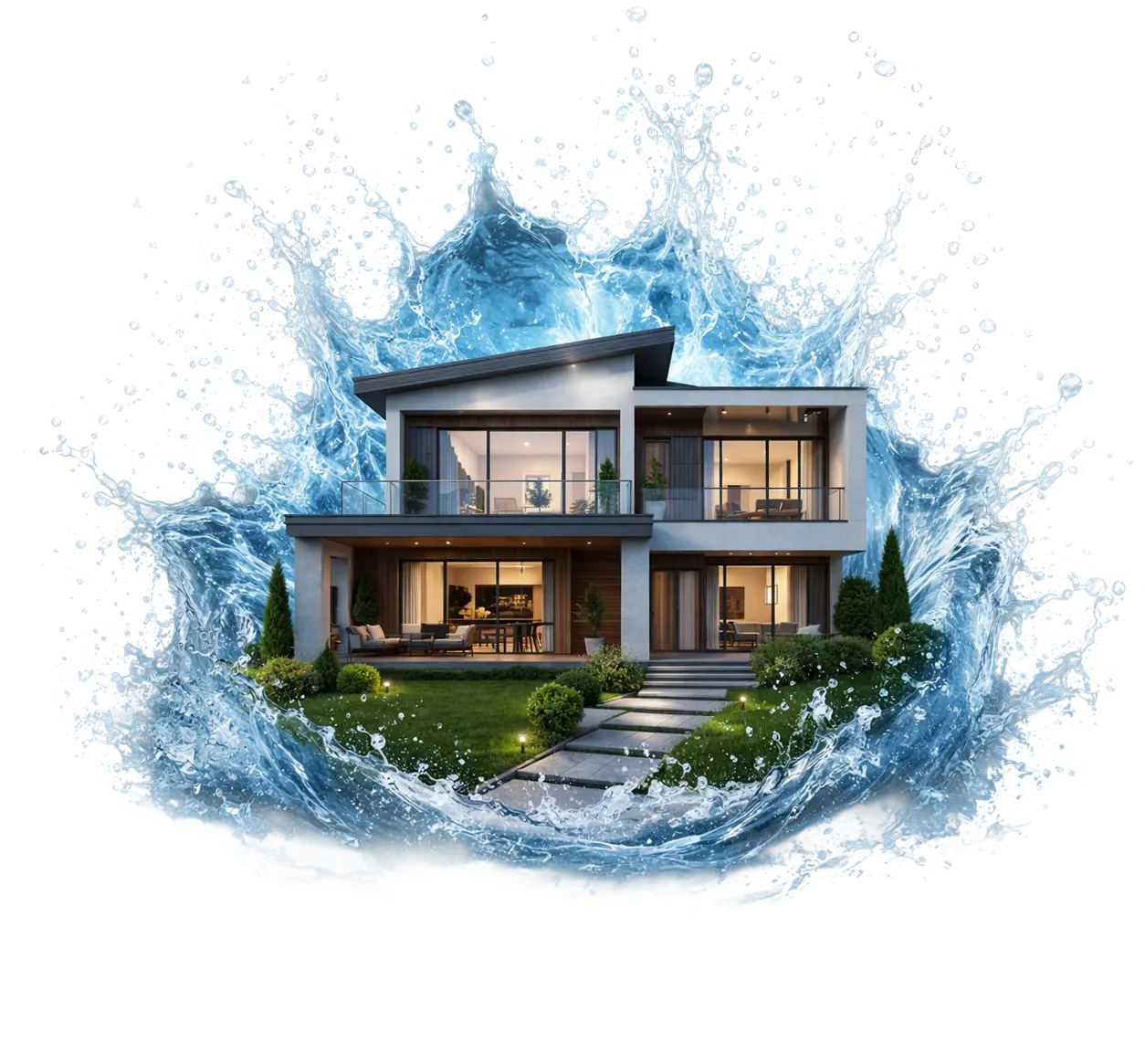 Modern two-story house with large glass windows surrounded by a splash of water.