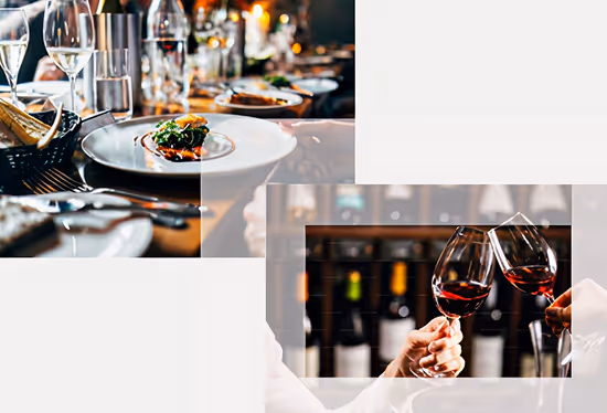 Photos qui présentent une table dressée dans un restaurant et des bouteilles de vins. Cabinet de conseils pour les entreprises de l'écosystème touristique