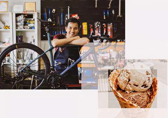 Homme qui répare des vélos. Une photo présente une glace. Cabinet de conseils pour les entreprises de l'écosystème touristique