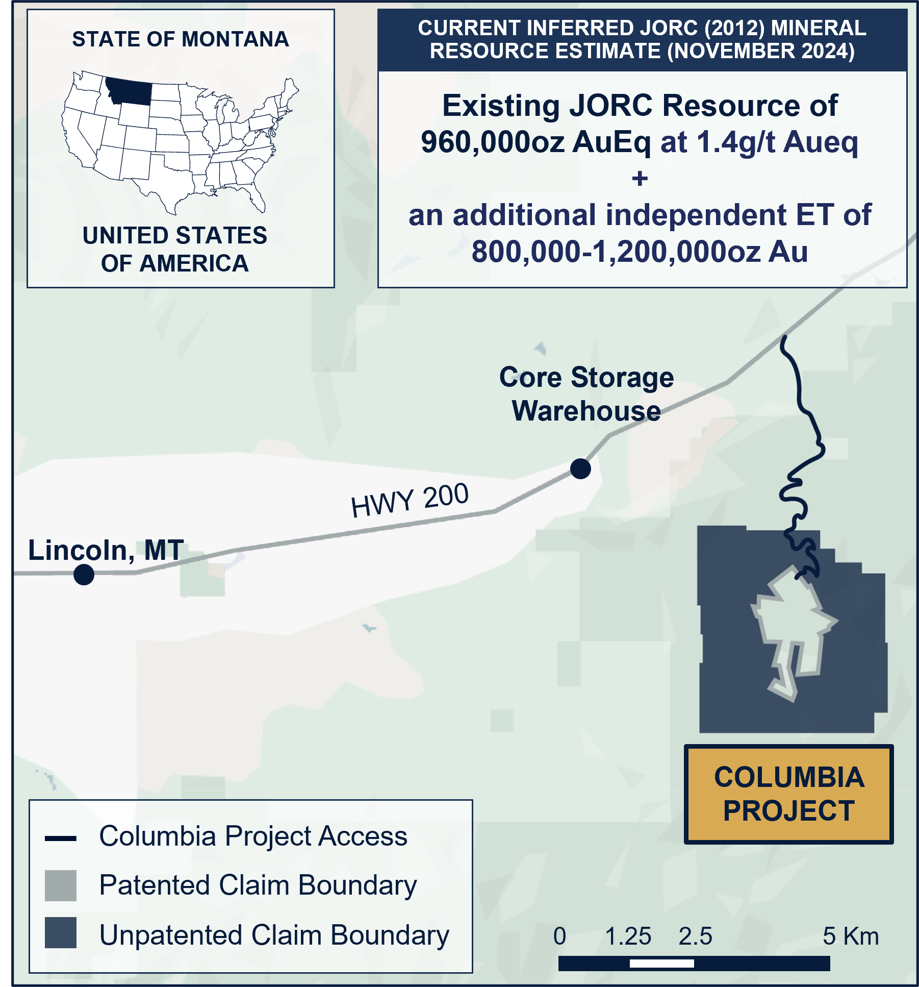 Sentinel Metals project map showing the Columbia Project unpatented claim boundary, patented claim boundary and project access road