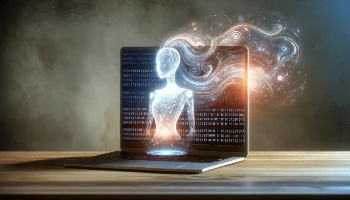 A laptop with a glowing figure on the screen.