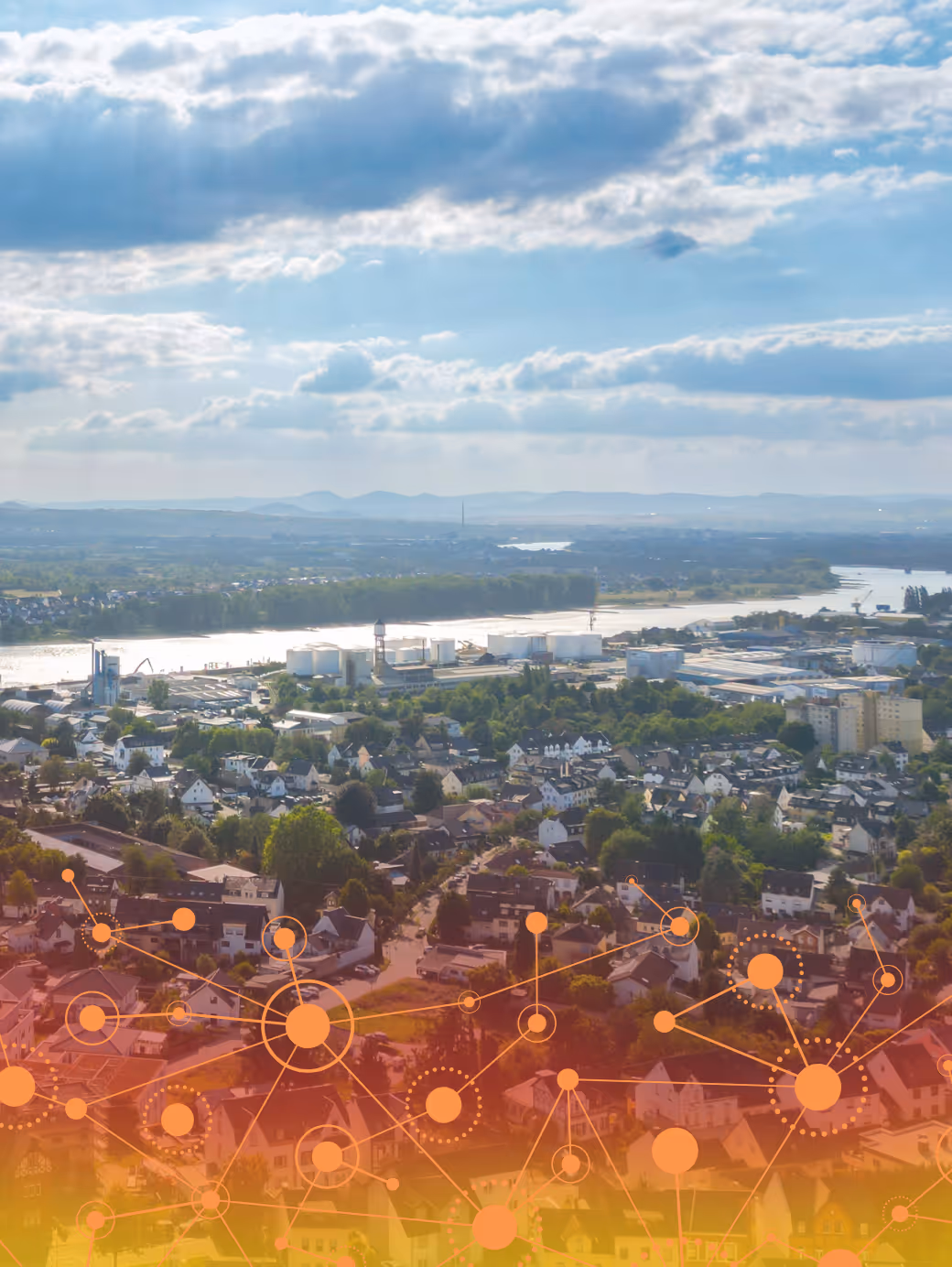 Panorama-Bild von Bendorf mit Blick auf den Hafen mit orangener Netzwerk-Grafik