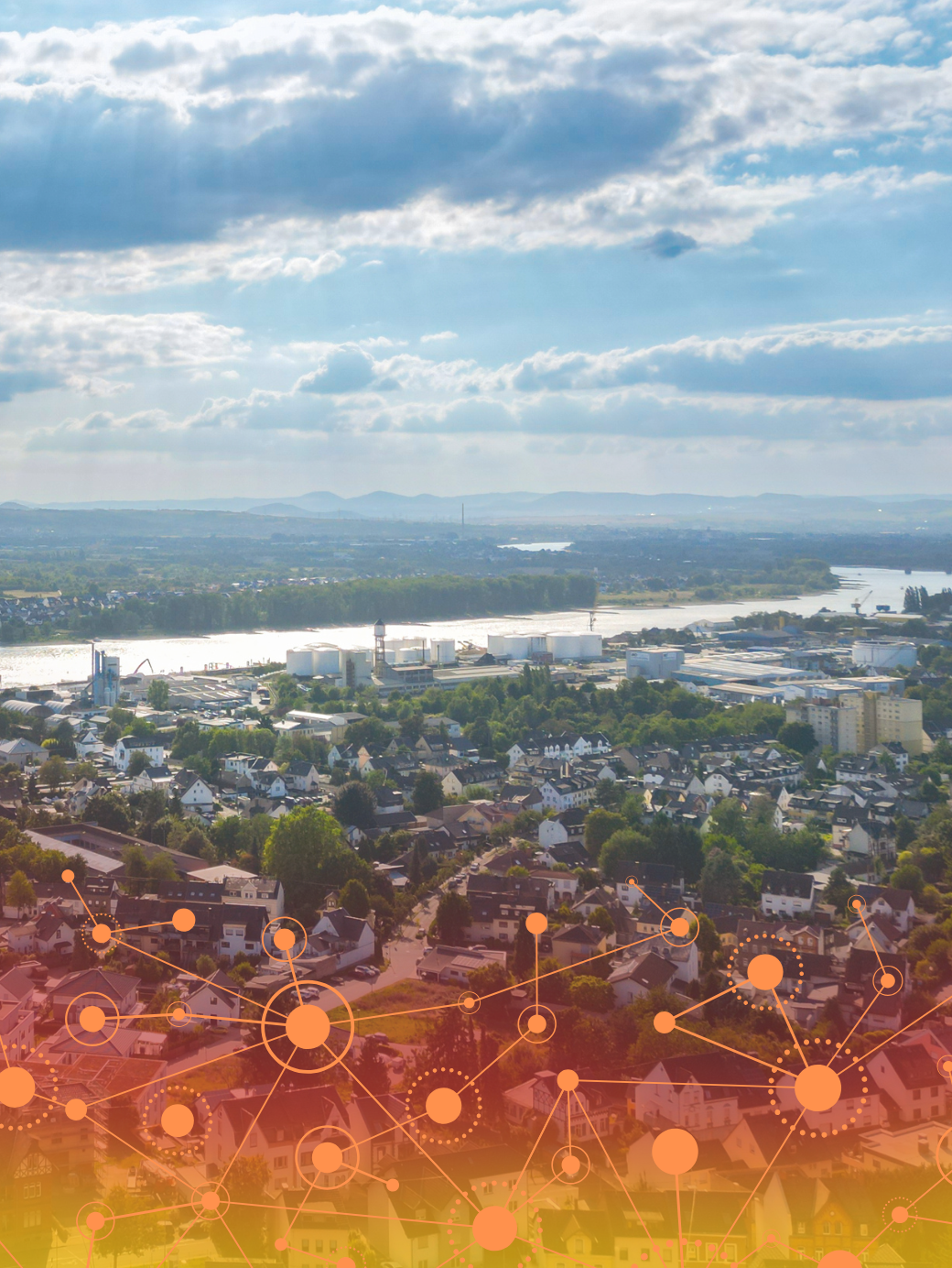 Panorama-Bild von Bendorf mit Blick auf den Hafen mit orangener Netzwerk-Grafik
