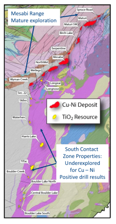Abbildung 1. Geologische Karte südlichen Basalkontaktes des Duluth Complex mit bekannten Titandioxid- (gelbe Polygone) und Kupfer-Nickel-Vorkommen (rote Polygone).