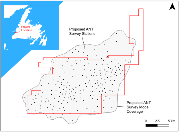 Abbildung 1: Geplante Standorte der Ambient Noise Tomography-(ANT)-Stationen und Modellabdeckung auf dem Salzprojekt Robinsons (Grenzlinien in Rot eingezeichnet) im Westen Neufundlands.
