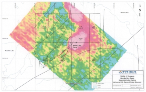 Abbildung 1: Luftgestützte MEGATEM-Untersuchung bei Mountain Lake, zweites Moment: Magenta-Blau gibt hohe-niedrige Leitfähigkeit an (After Armitage, 2006)