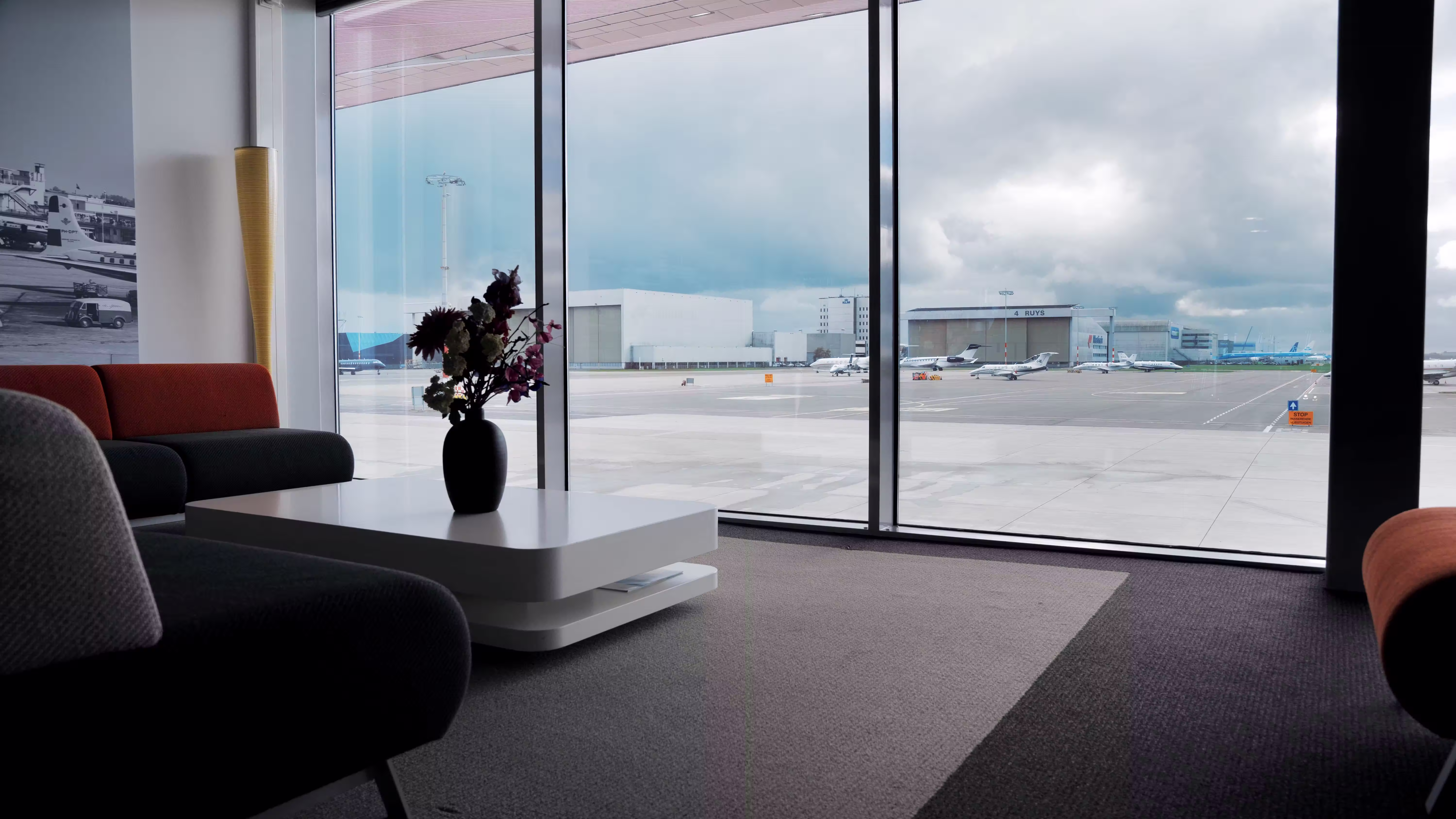 Luxury VIP lounge interior for private jet passengers at JetSupport FBO Amsterdam