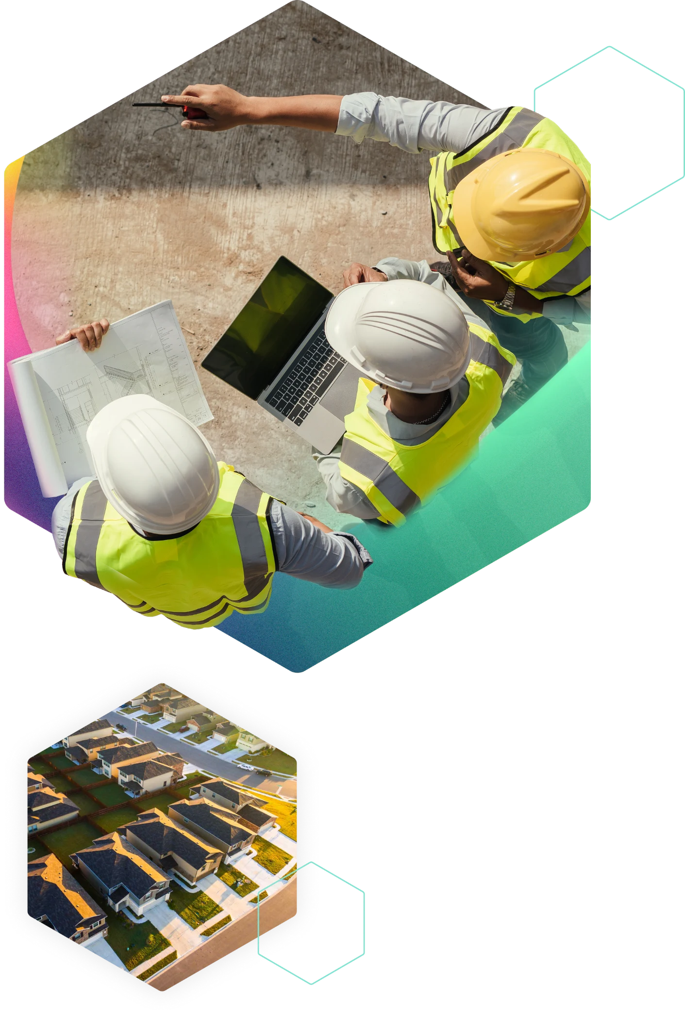 Construction workers reviewing blueprints and site plans on laptop