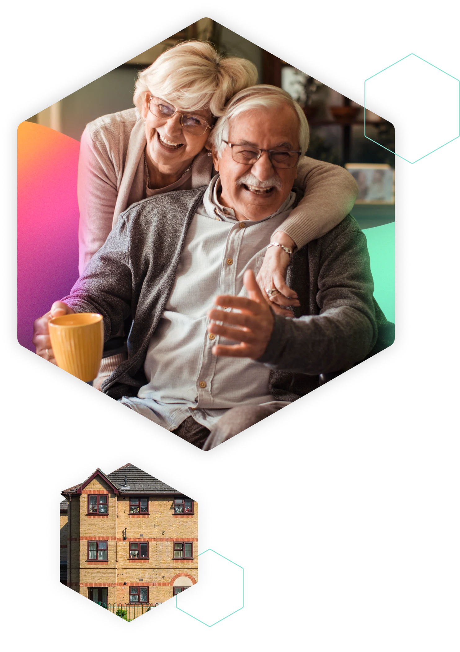 Elderly couple smiling and hugging, holding coffee mug at home