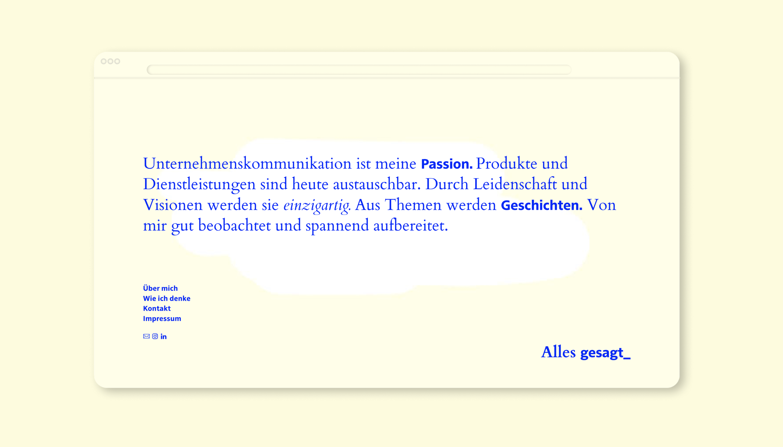 Mockup der Website 'Alles gesagt_' im Browserfenster mit Startseitentext und Navigation
