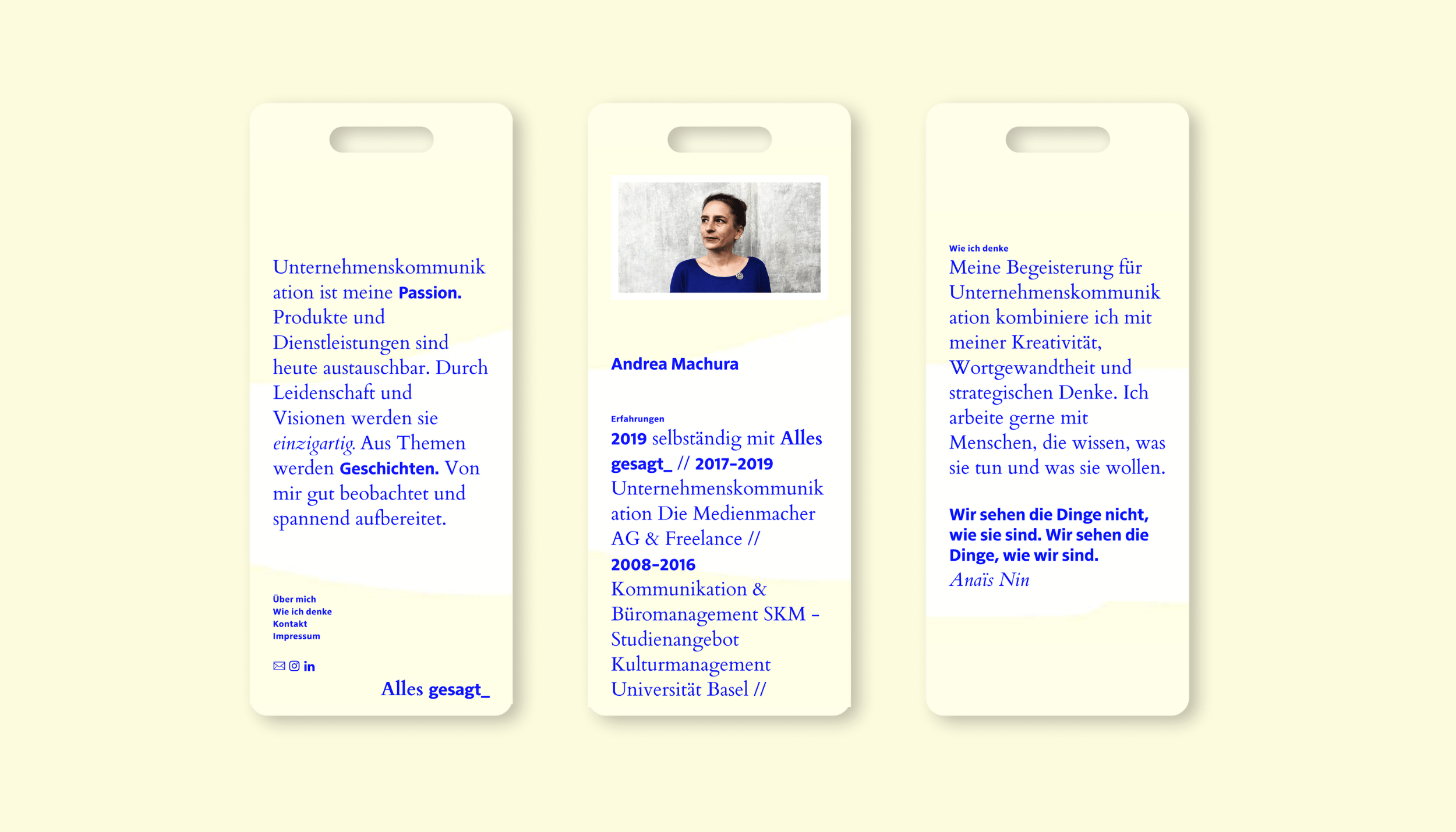 Drei Smartphone-Mockups der Website 'Alles gesagt_' mit Startseite, Über-mich-Seite und Zitat-Seite