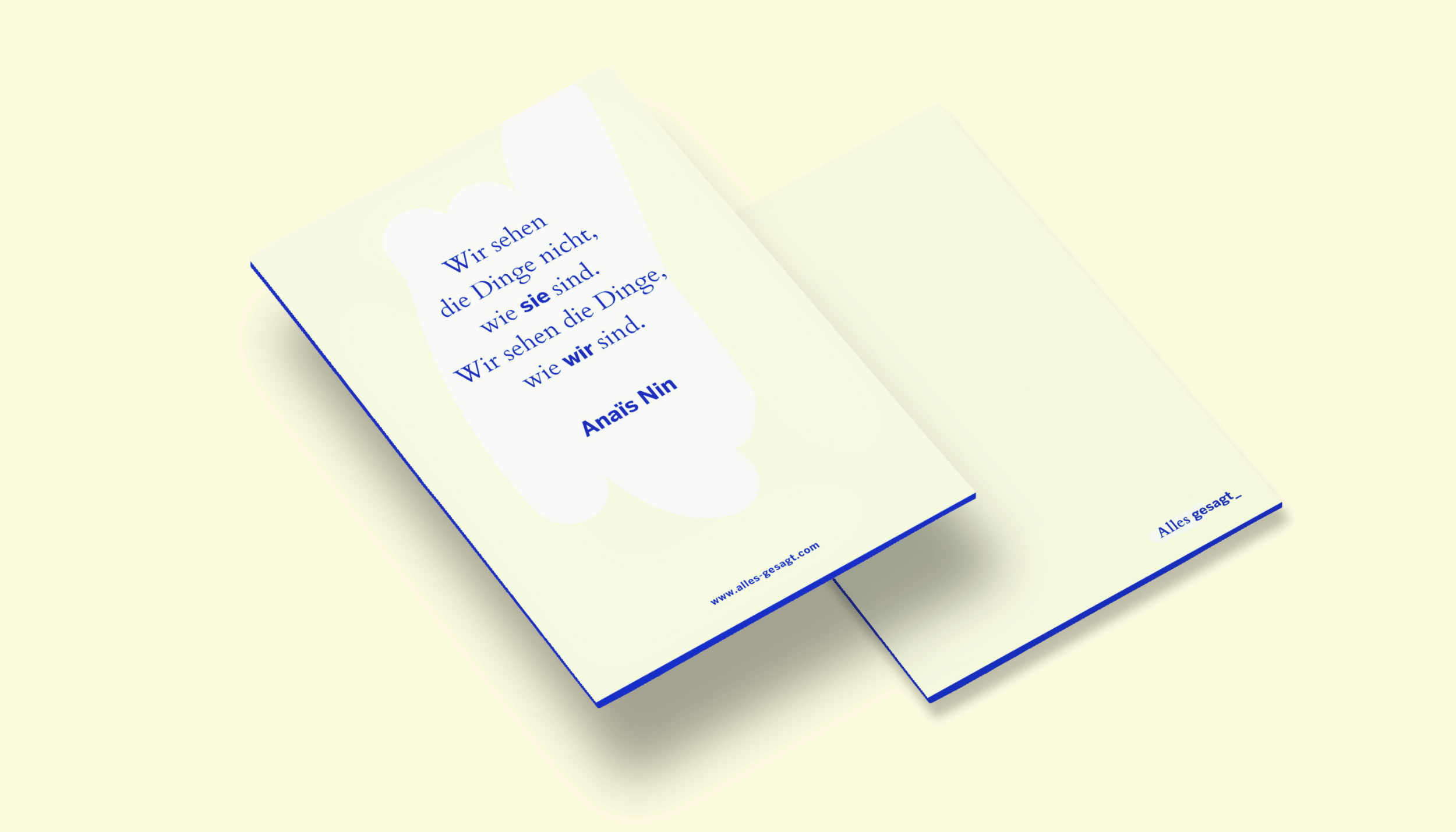 Mockup von Grusskarten mit dem Zitat von Anaïs Nin und dem Logo 'Alles gesagt_'