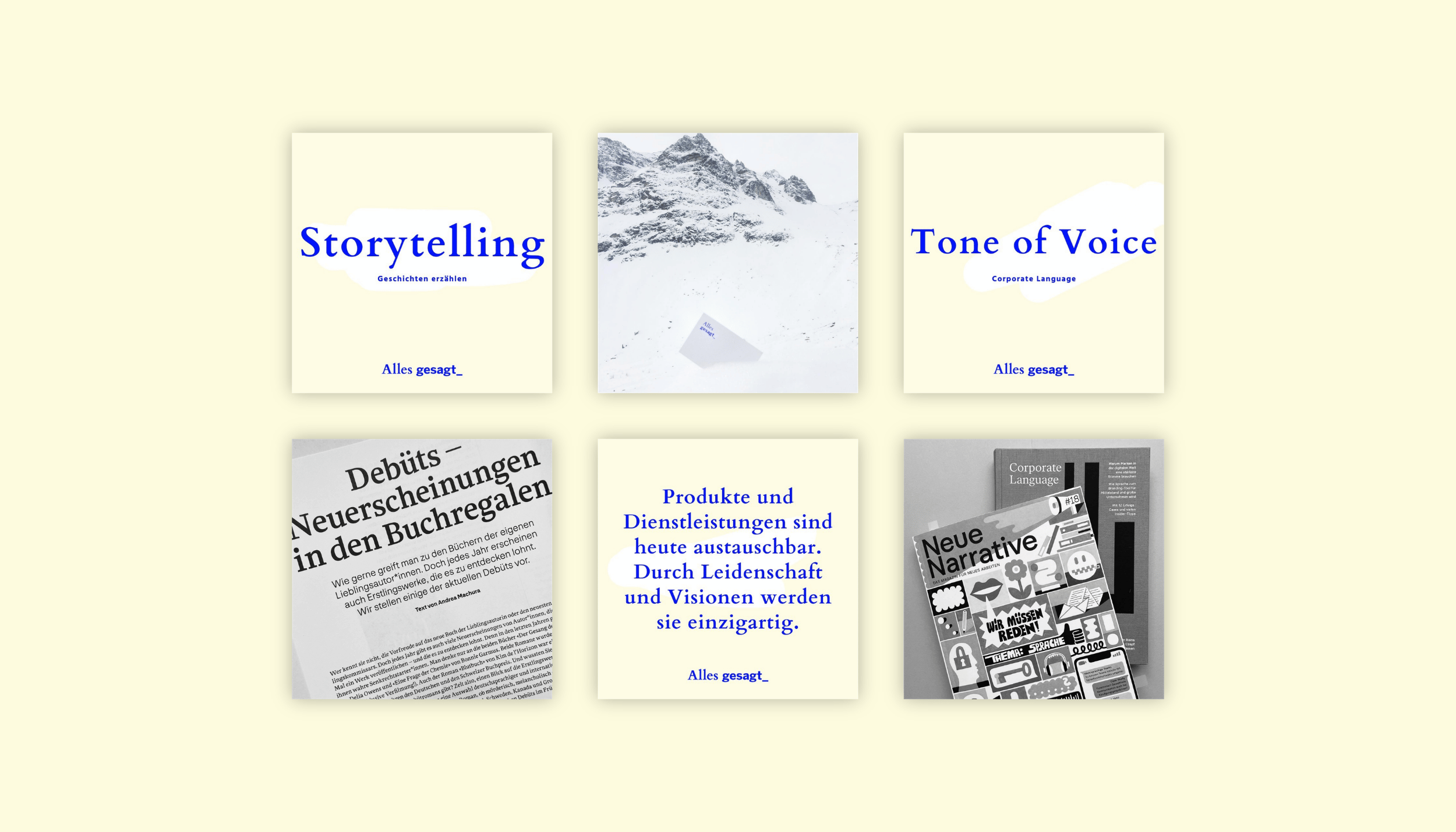 Übersicht von sechs Social-Media-Postings für 'Alles gesagt_' mit den Themen Storytelling, Tone of Voice und Textbeispielen
