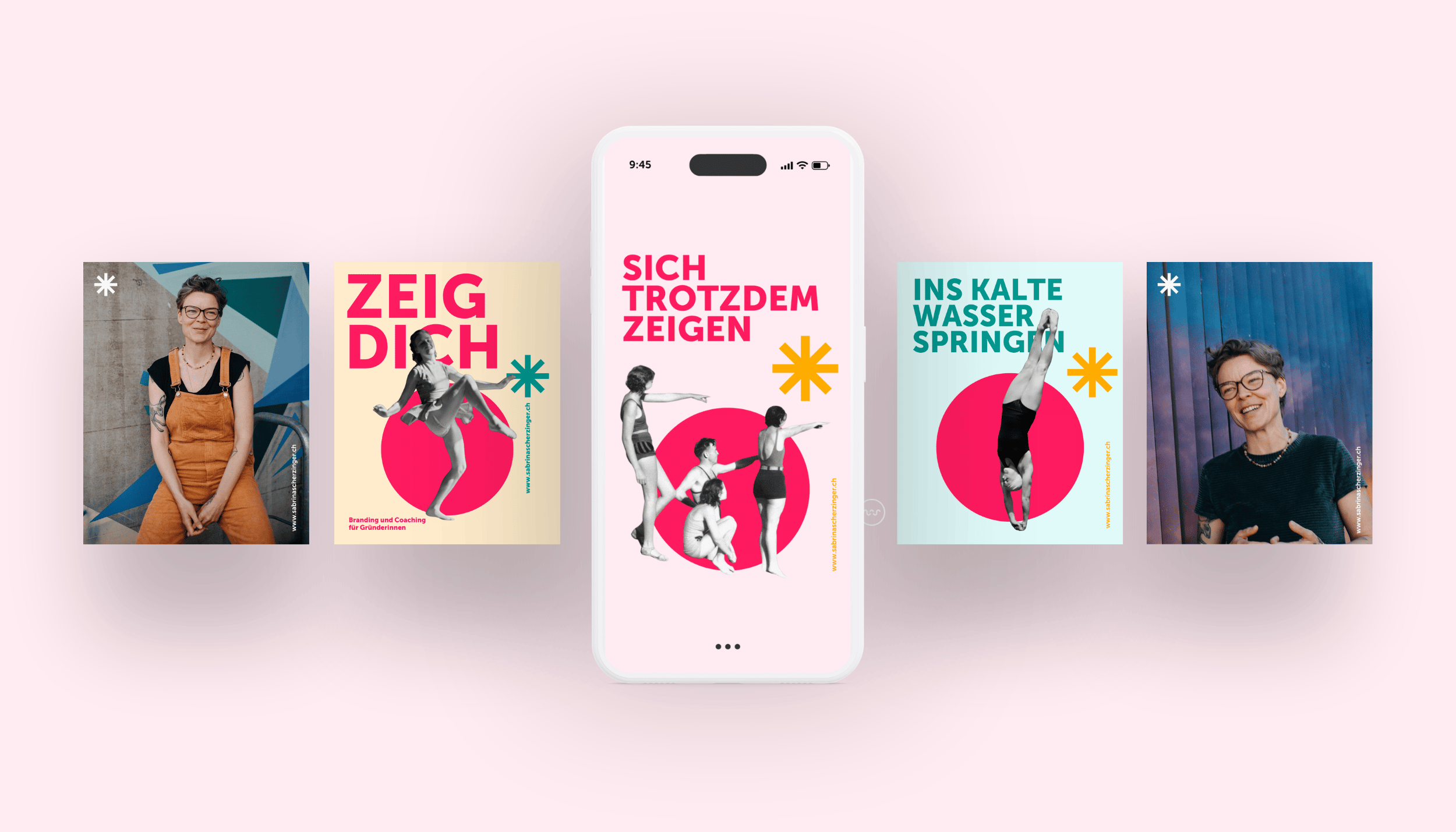 Reihe von Social-Media-Postings: zwei Porträtfotos von Sabrina Scherzinger sowie drei gestaltete Posts mit den Sprüchen 'Zeig Dich', 'Sich trotzdem zeigen' und 'Ins kalte Wasser springen', kombiniert mit Vintage-Fotomotiven