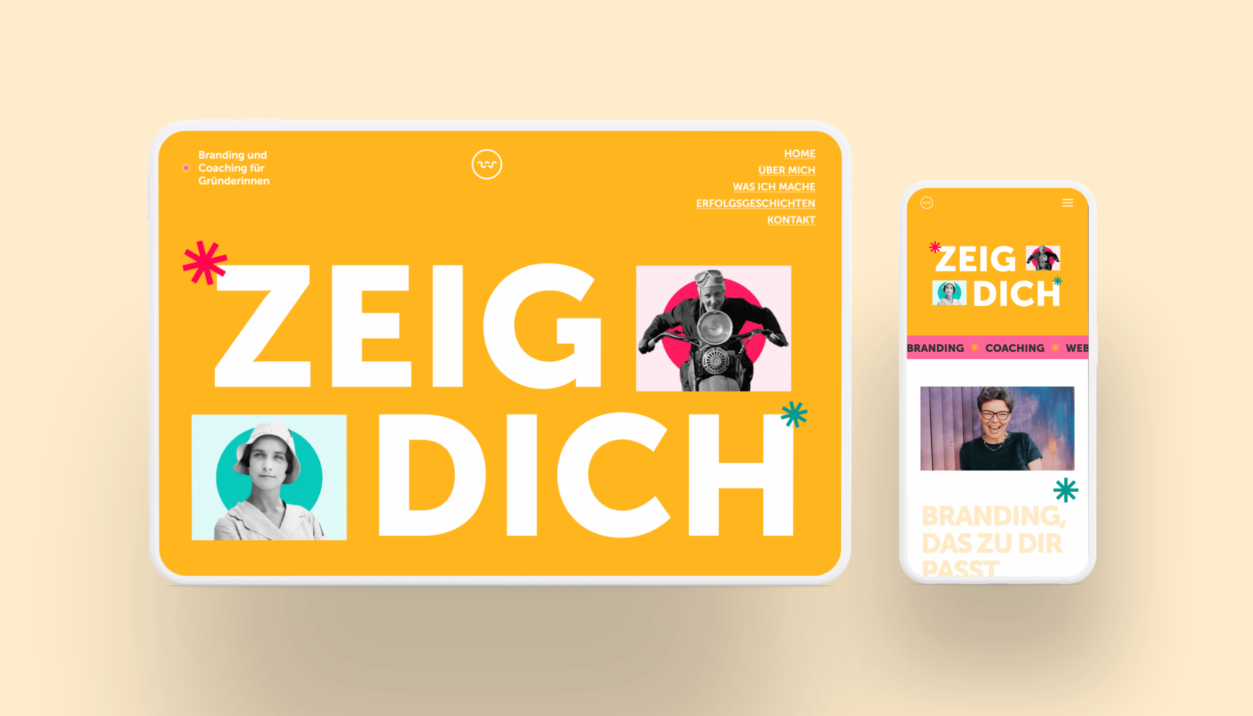 Mockup der Website 'Zeig Dich' auf Tablet und Smartphone mit Navigation, Porträtfotos und der Startseiten-Headline 'Zeig Dich'