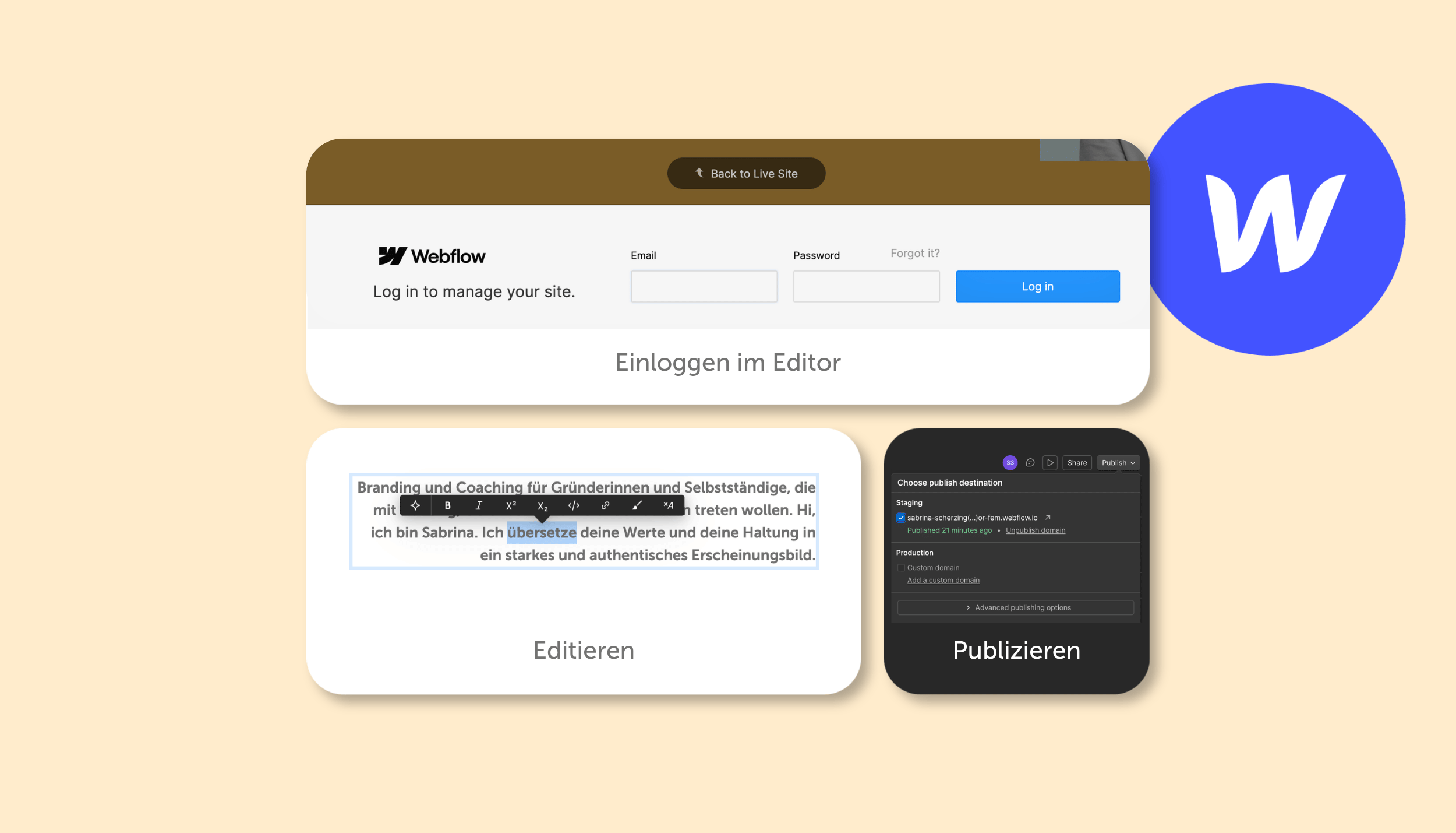 Grafik zum Webflow-Workflow: im Editor einloggen, Texte direkt im Browser bearbeiten und mit einem Klick publizieren