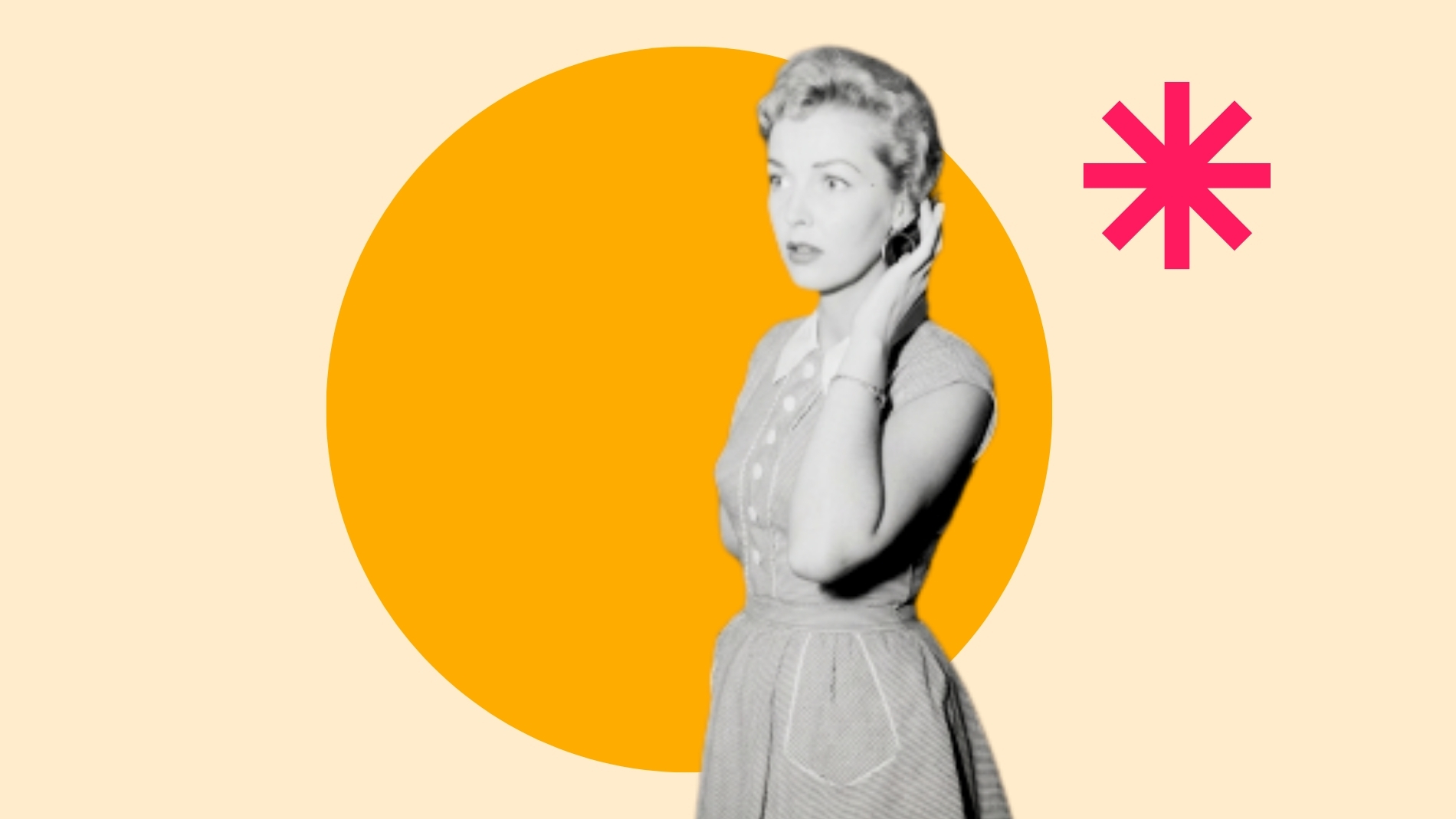 Retro-Illustration im Halbton-Stil: Schwarz-weißes Foto einer Frau in den 1950ern vor einem orangen Kreis, daneben der pinke Schriftzug 'Übers Verharren in Perfektion' auf cremefarbenem Hintergrund, unten links ein oranges Sternsymbol.