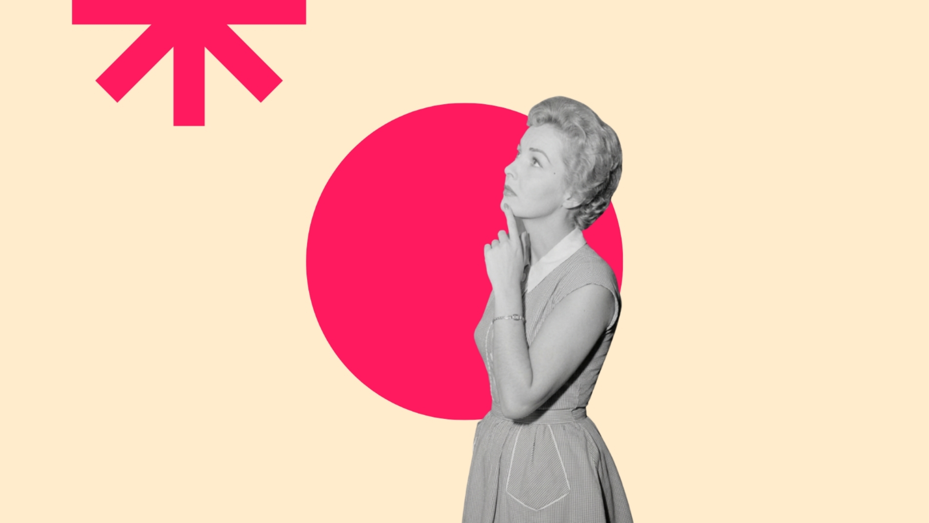 Retro-Halbtonbild einer Frau im Profil, nachdenklich mit Hand am Kinn nach oben blickend, vor pinkem Kreis auf cremefarbenem Hintergrund, oranges Sternsymbol oben links.
