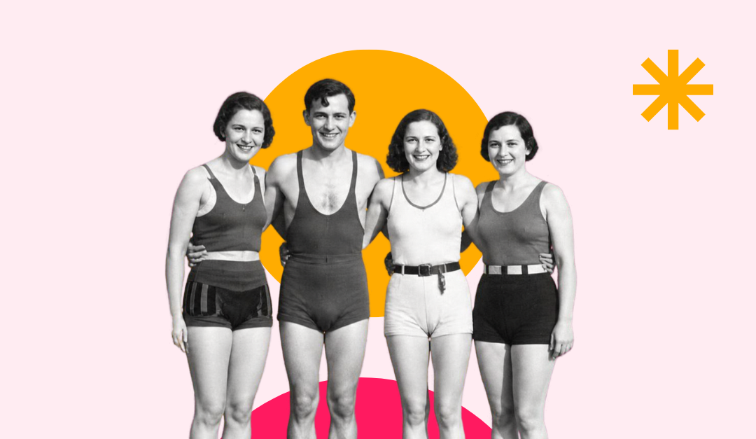 Schwarzweiss-Foto einer Gruppe von drei Frauen und einem Mann, im Retro-Stil.