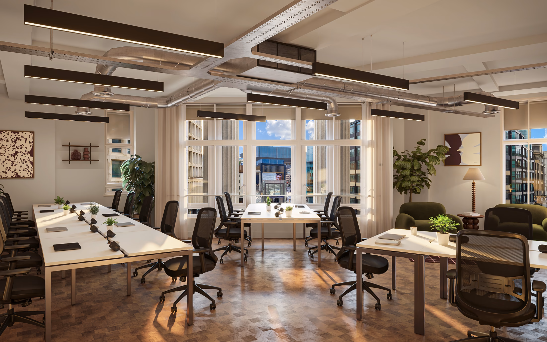 A hyper realistic render of an office space overlooking Tottenham Court Road in London with real wood floors and loads of natural light.