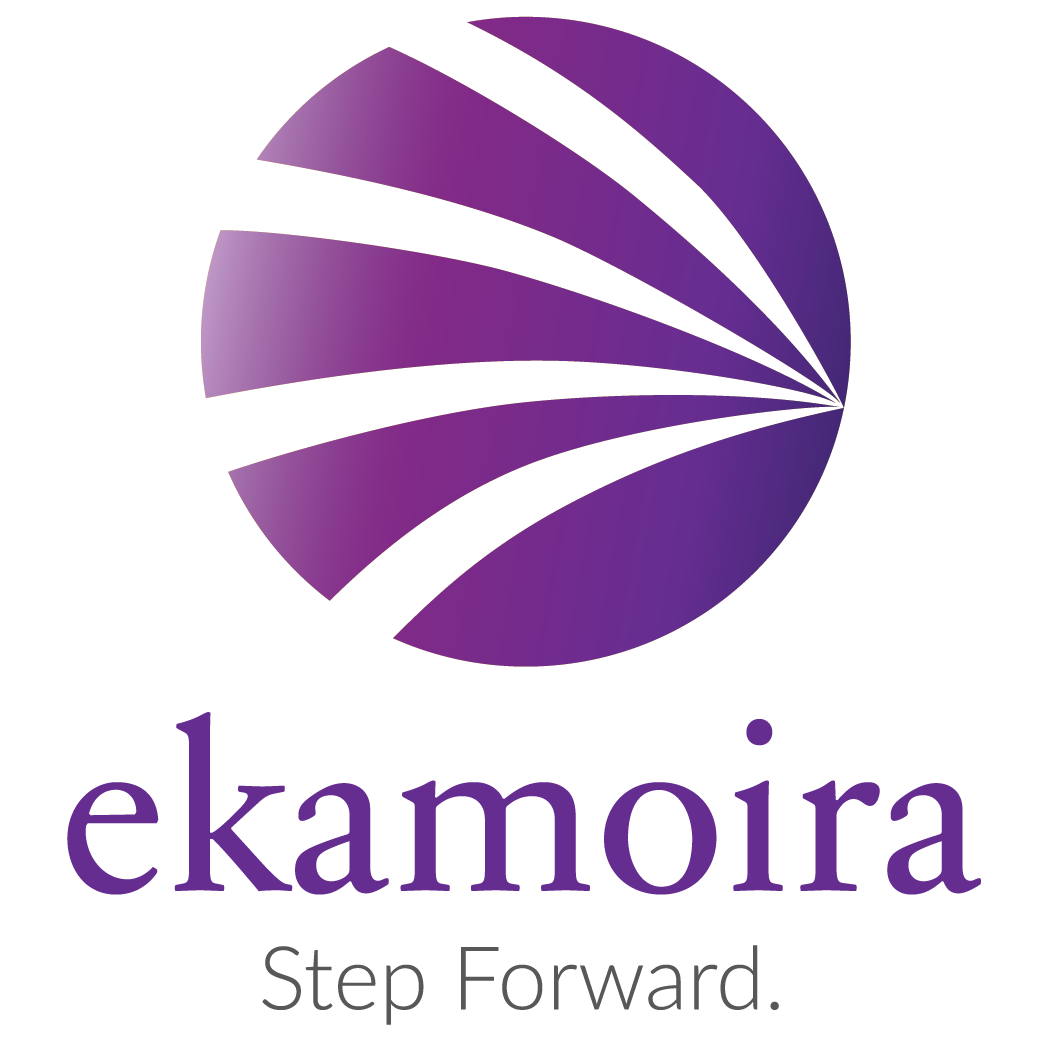 Ekamoira logo featuring white geometric sphere with radiating segments on purple background with Step Forward tagline