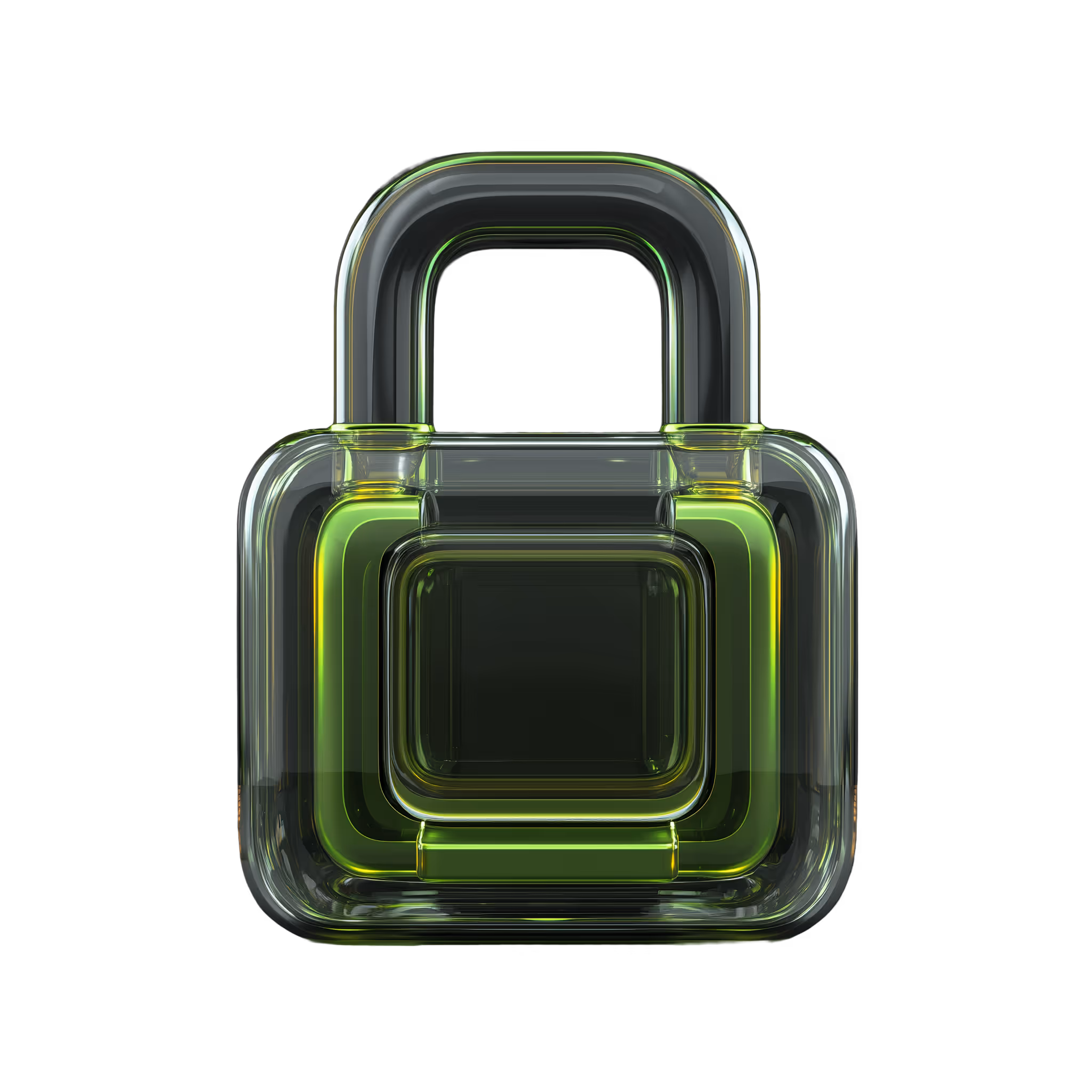 Transparent padlock icon with neon green inner glow on black background.