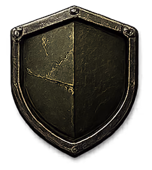 A dark metal shield with a weathered, cracked surface and riveted border.